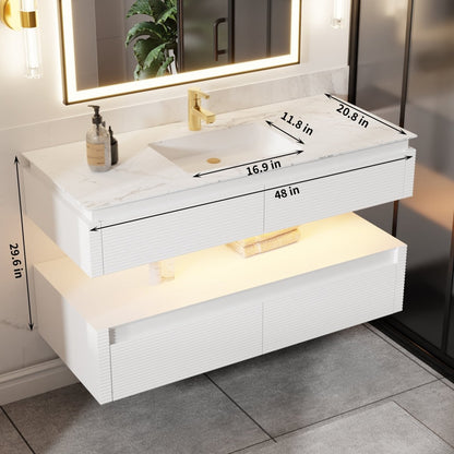 Segeo 48" Modern Solid Oak Floating Bathroom Vanity Cabinet White with Lights and Marble Countertop