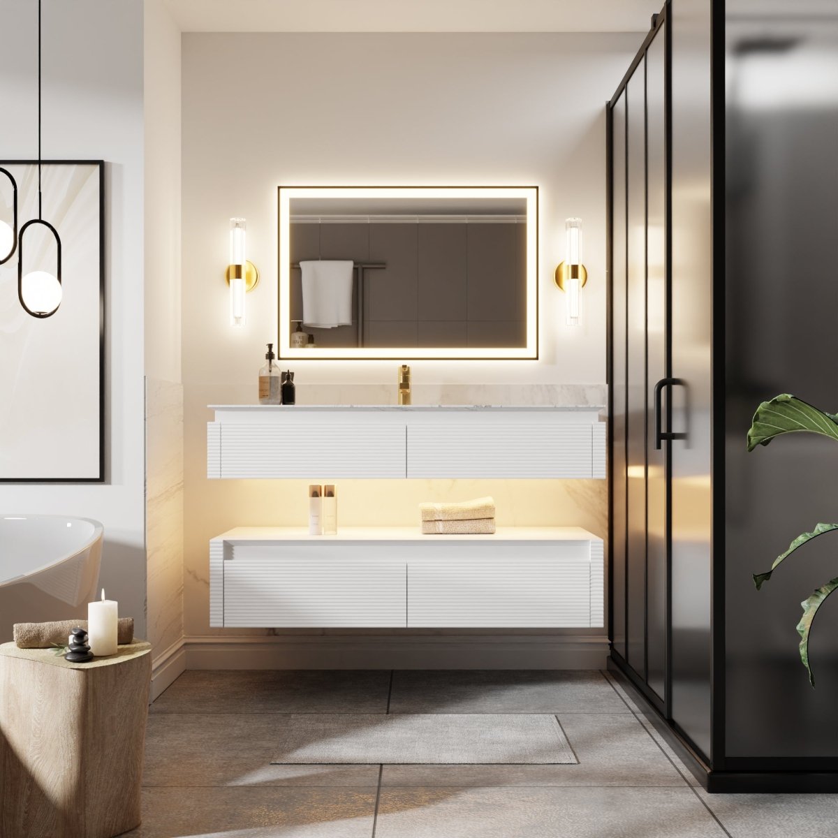 Segeo 48" Modern Solid Oak Floating Bathroom Vanity Cabinet White with Lights and Marble Countertop