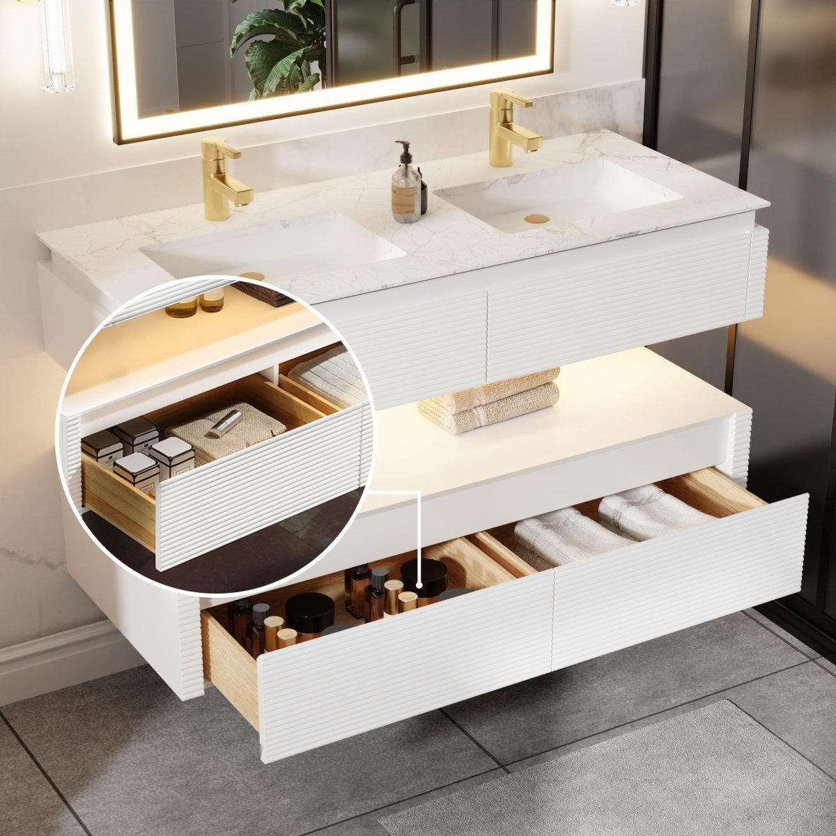 Segeo 48" Modern Solid Oak Floating Bathroom Vanity Cabinet White with Lights and Marble Countertop, Dual Basins