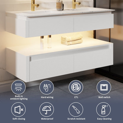 Segeo 48" Modern Solid Oak Floating Bathroom Vanity Cabinet White with Lights and Marble Countertop, Dual Basins