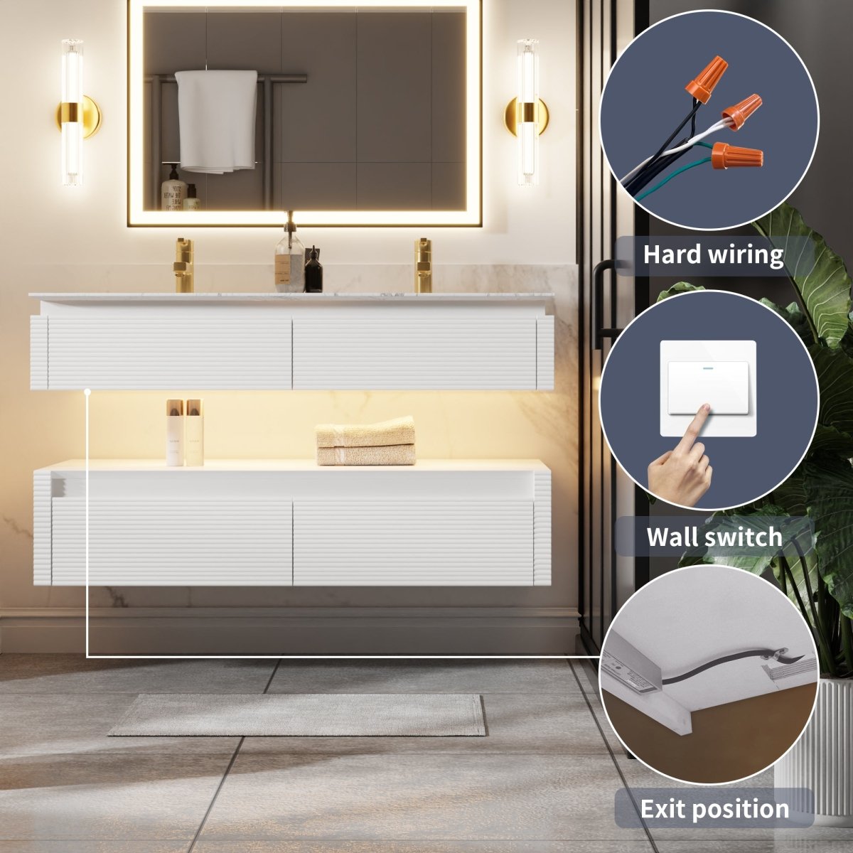 Segeo 48" Modern Solid Oak Floating Bathroom Vanity Cabinet White with Lights and Marble Countertop, Dual Basins