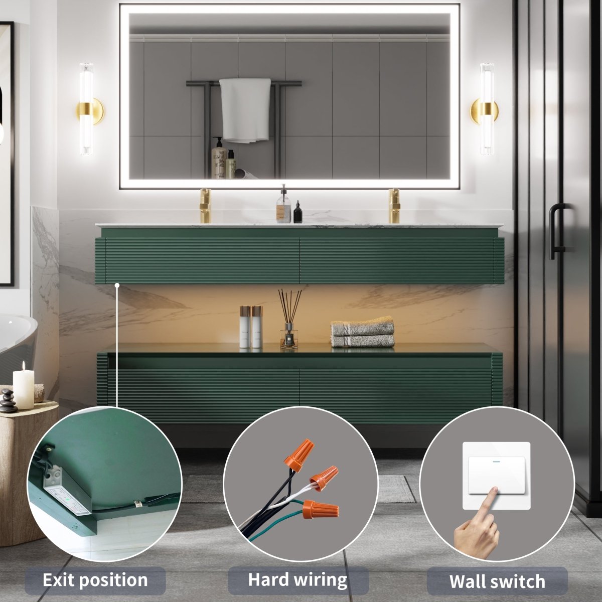 Segeo 60" Modern Solid Oak Floating Bathroom Green Vanity Cabinet with Marble Countertop