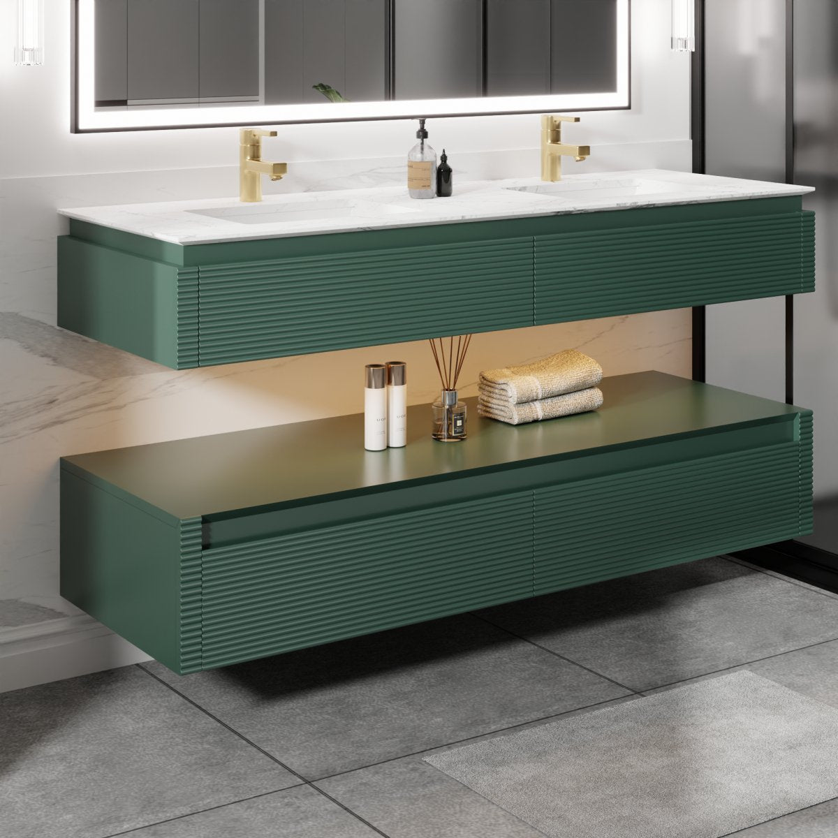 Segeo 60" Modern Solid Oak Floating Bathroom Green Vanity Cabinet with Marble Countertop