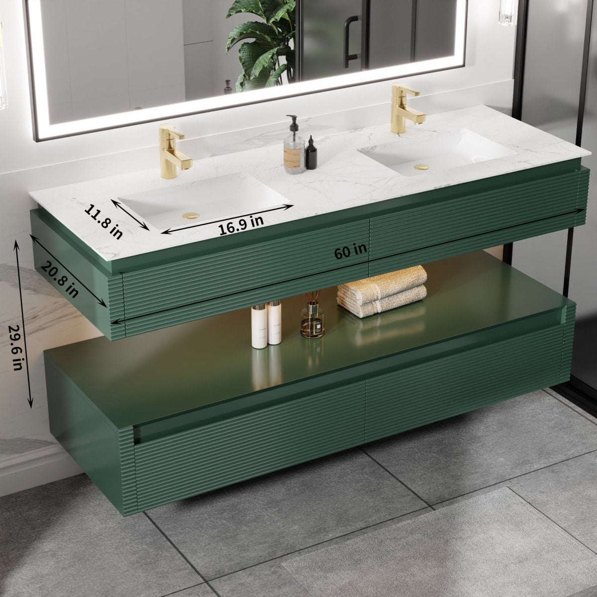 Segeo 60" Modern Solid Oak Floating Bathroom Green Vanity Cabinet with Marble Countertop