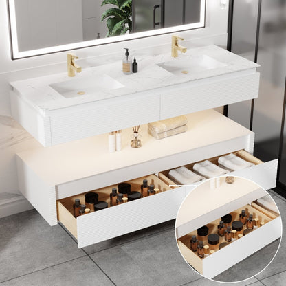 Segeo 60" Modern Solid Oak Floating Bathroom White Vanity Cabinet with Marble Countertop