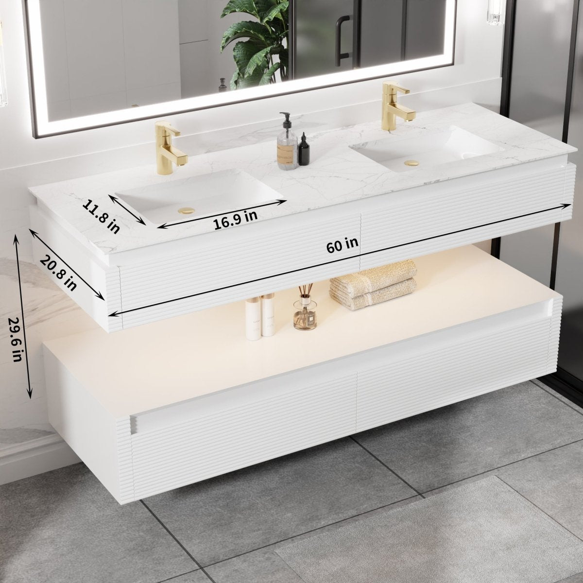 Segeo 60" Modern Solid Oak Floating Bathroom White Vanity Cabinet with Marble Countertop
