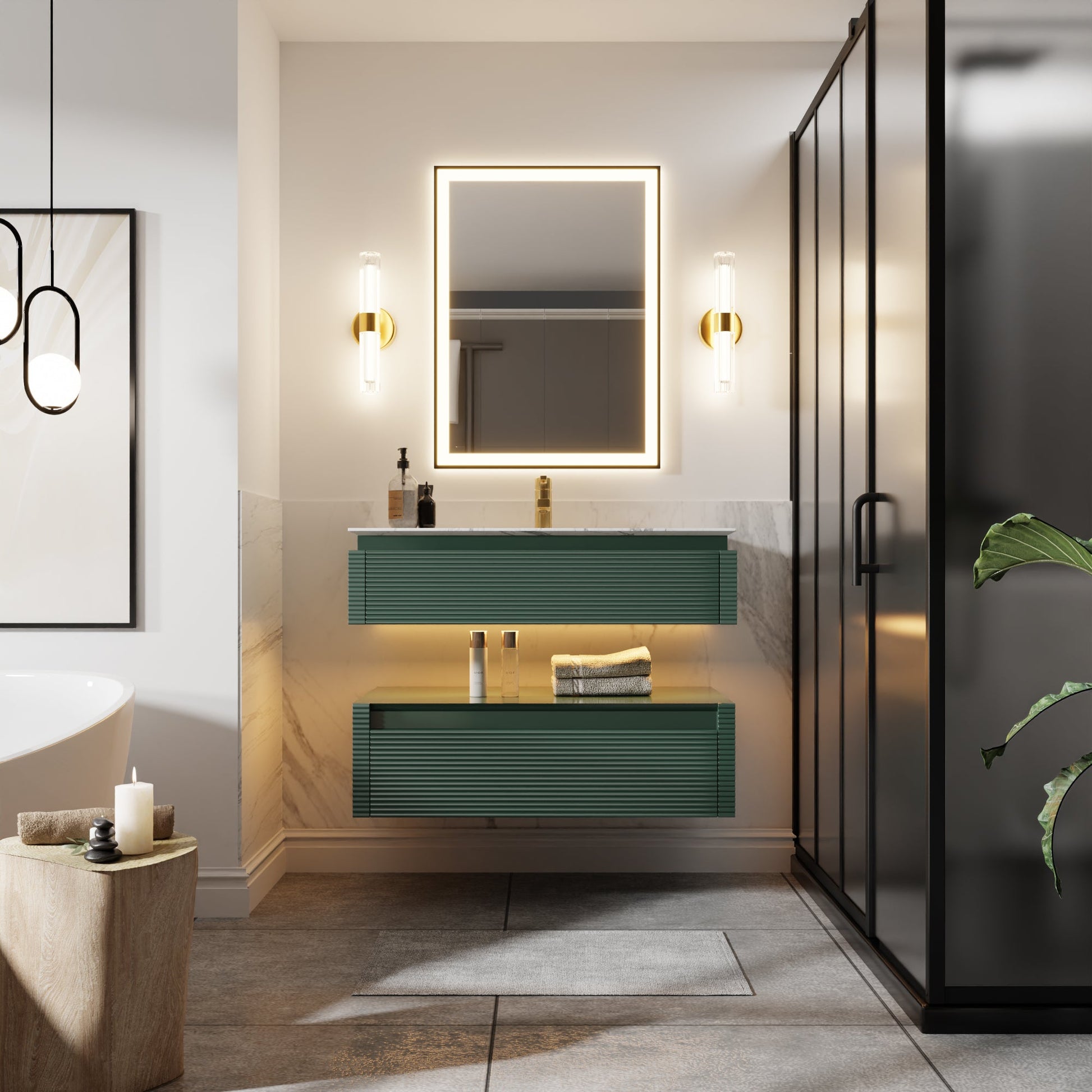 Segeo 36" Modern Solid Oak Floating Bathroom Vanity Cabinet Green with Lights and Artificial Atone Countertop - ExBriteUSA