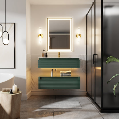 Segeo 36" Modern Solid Oak Floating Bathroom Vanity Cabinet Green with Lights and Artificial Atone Countertop - ExBriteUSA