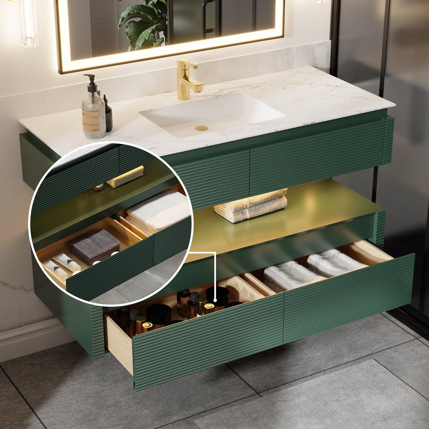 Segeo 48" Modern Solid Oak Floating Bathroom Vanity Cabinet Green with Lights and Artificial Atone Countertop - ExBriteUSA