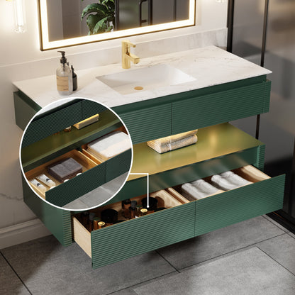Segeo 48" Modern Solid Oak Floating Bathroom Vanity Cabinet Green with Lights and Artificial Atone Countertop - ExBriteUSA