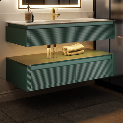 Segeo 48" Modern Solid Oak Floating Bathroom Vanity Cabinet Green with Lights and Artificial Atone Countertop - ExBriteUSA