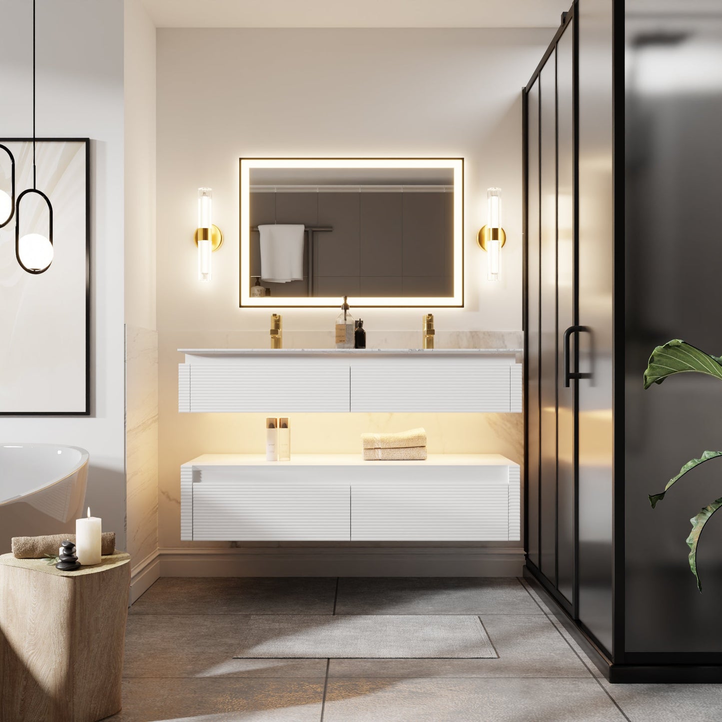 Segeo 48" Modern Solid Oak Floating Bathroom Vanity Cabinet White with Lights and Artificial Atone Countertop, Dual Basins - ExBriteUSA