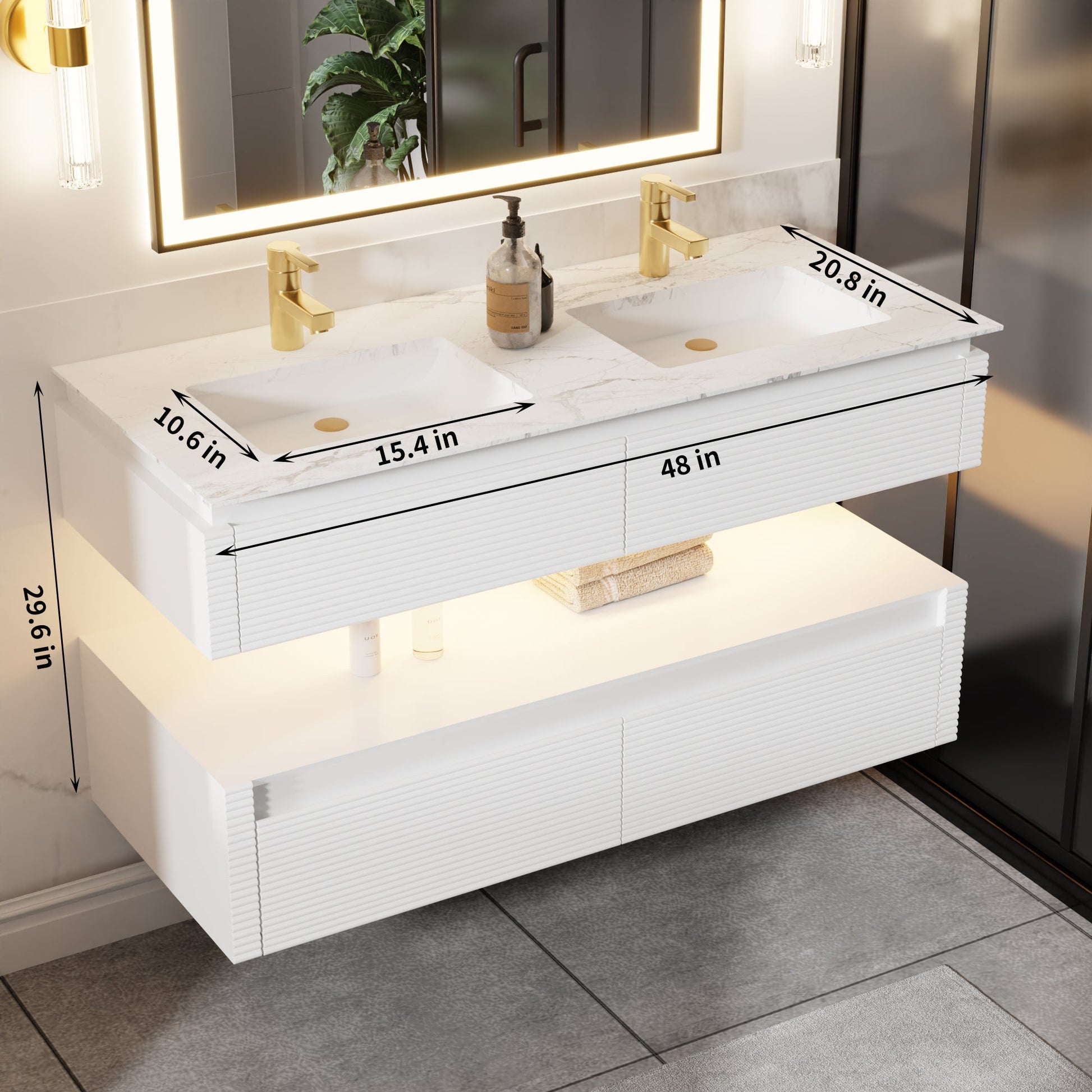 Segeo 48" Modern Solid Oak Floating Bathroom Vanity Cabinet White with Lights and Artificial Atone Countertop, Dual Basins - ExBriteUSA