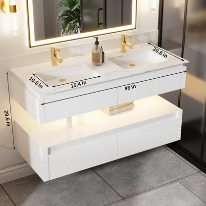 Segeo 48" Modern Solid Oak Floating Bathroom Vanity Cabinet White with Lights and Artificial Atone Countertop, Dual Basins - ExBriteUSA