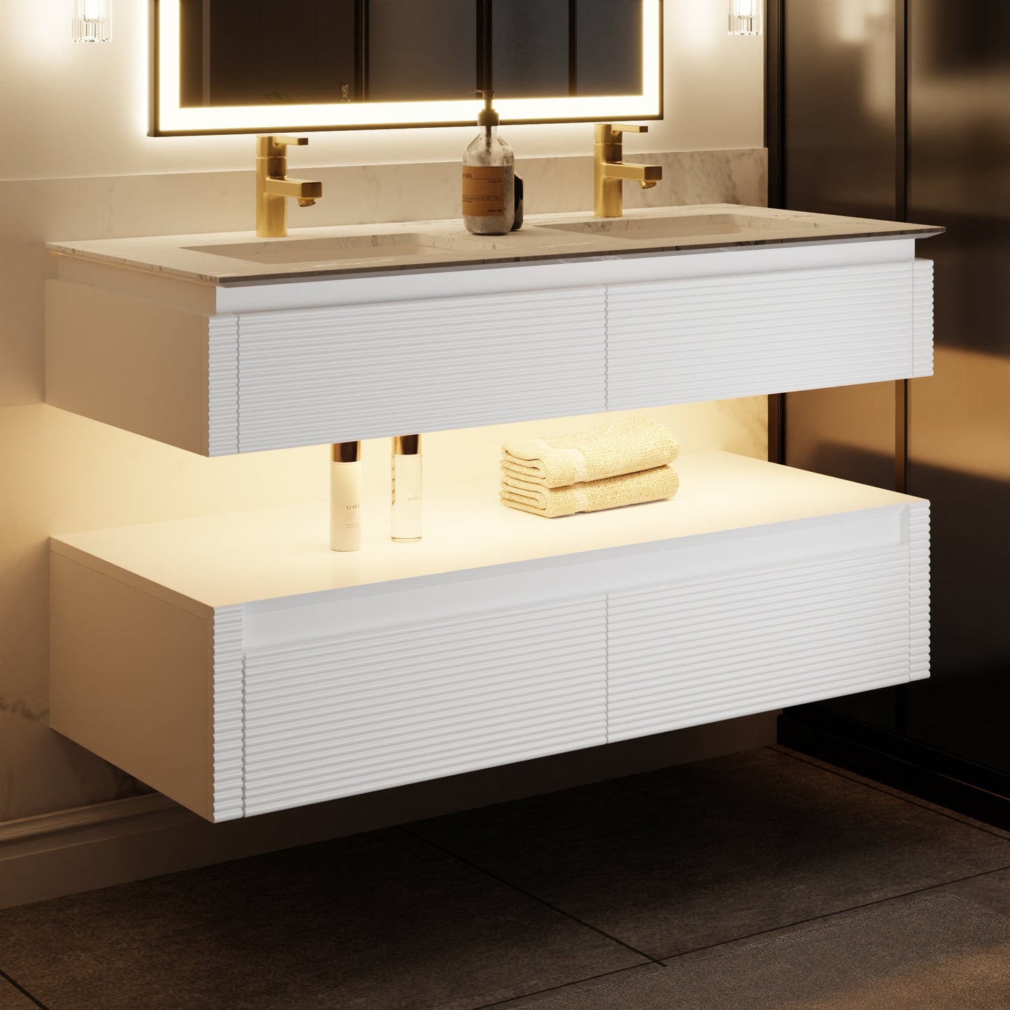 Segeo 48" Modern Solid Oak Floating Bathroom Vanity Cabinet White with Lights and Artificial Atone Countertop, Dual Basins - ExBriteUSA