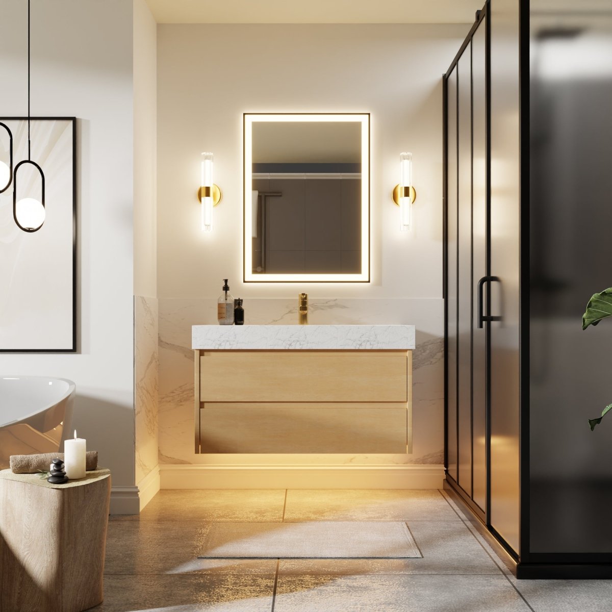 Sleek 36" Modern Floating Maple wood Bathroom Vanity Cabinet with with Lights and Stone Slab Countertop