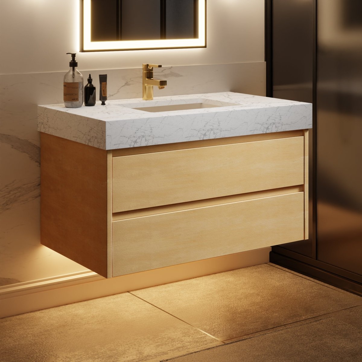 Sleek 36" Modern Floating Maple wood Bathroom Vanity Cabinet with with Lights and Stone Slab Countertop
