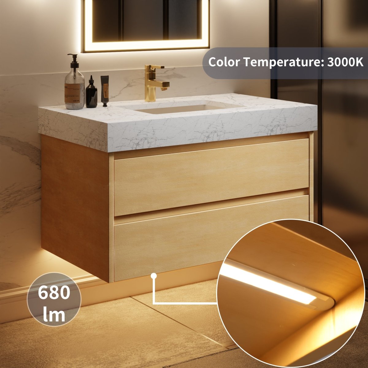 Sleek 36" Modern Floating Maple wood Bathroom Vanity Cabinet with with Lights and Stone Slab Countertop