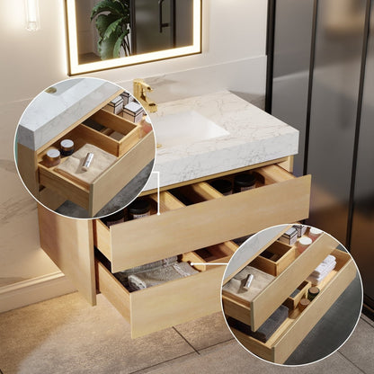 Sleek 36" Modern Floating Maple wood Bathroom Vanity Cabinet with with Lights and Stone Slab Countertop