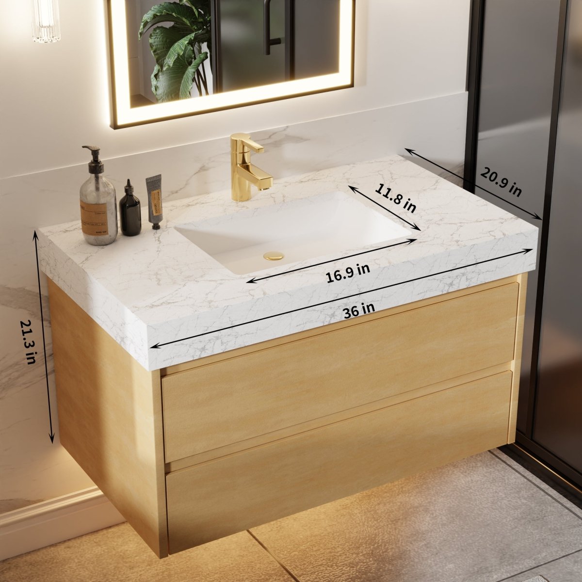 Sleek 36" Modern Floating Maple wood Bathroom Vanity Cabinet with with Lights and Stone Slab Countertop