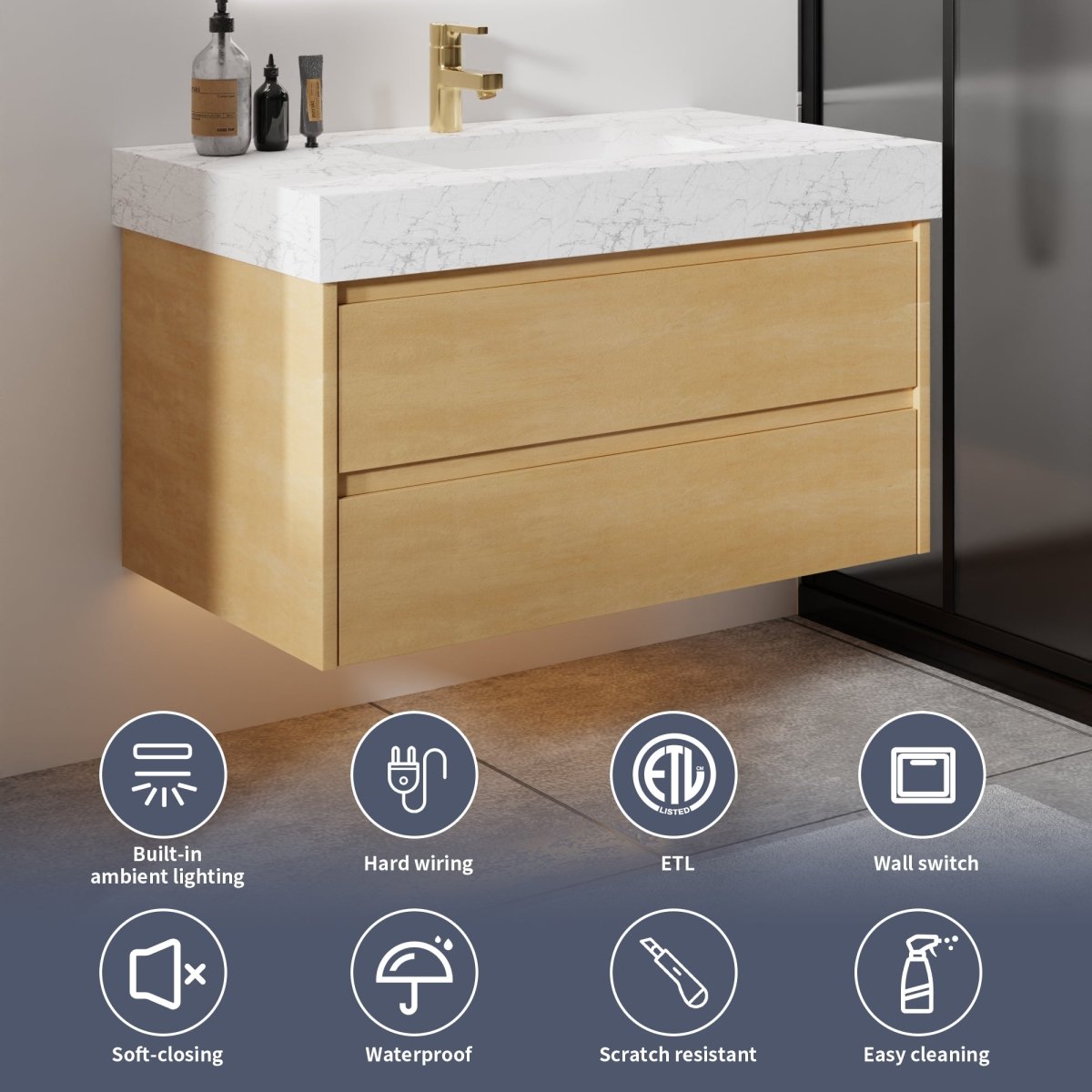 Sleek 36" Modern Floating Maple wood Bathroom Vanity Cabinet with with Lights and Stone Slab Countertop