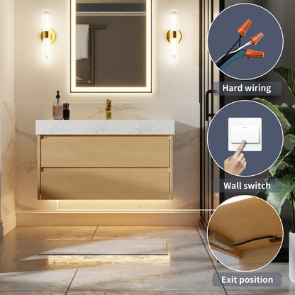 Sleek 36" Modern Floating Maple wood Bathroom Vanity Cabinet with with Lights and Stone Slab Countertop