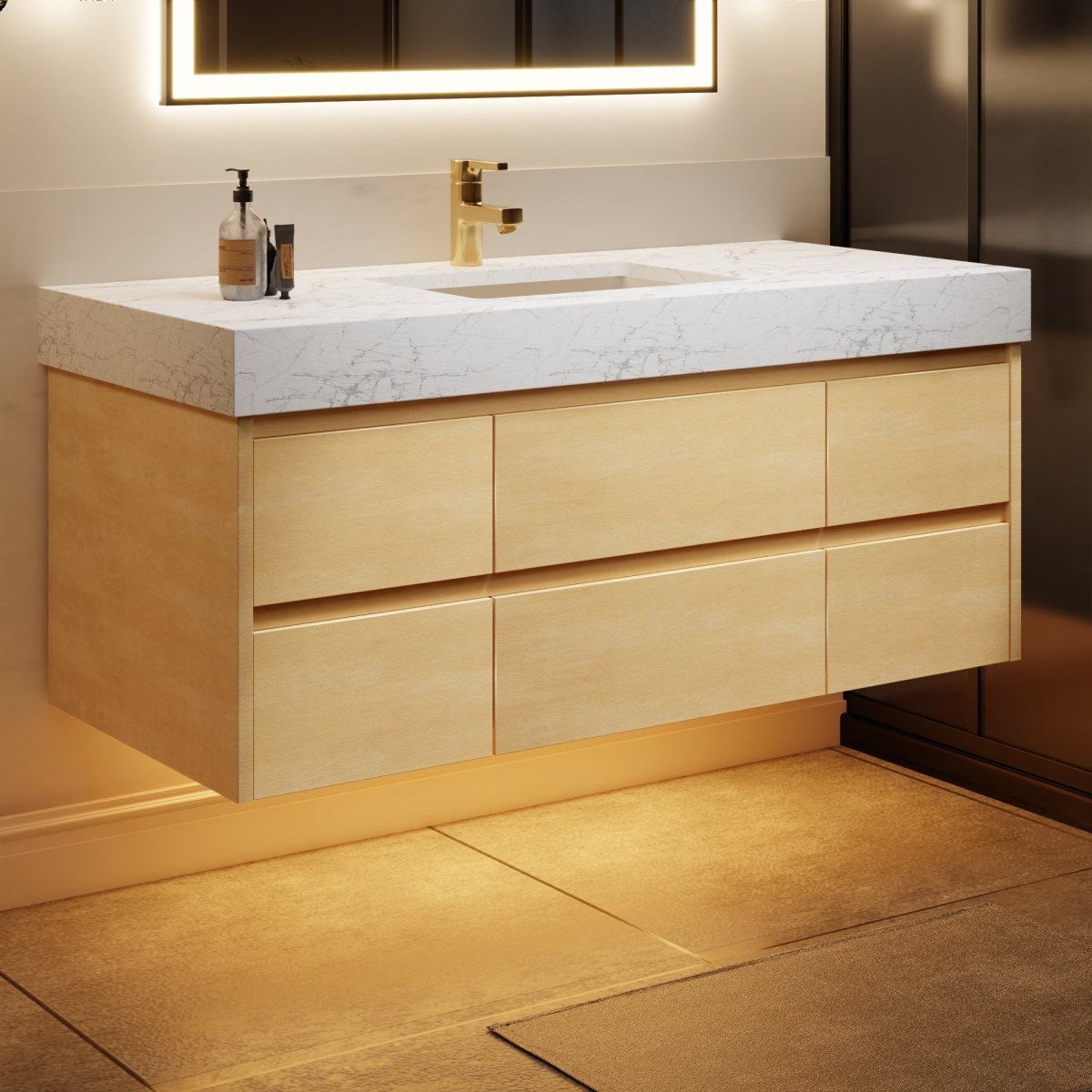Sleek 48" Modern Floating Maple wood Bathroom Vanity Cabinet with with Lights and Stone Slab Countertop
