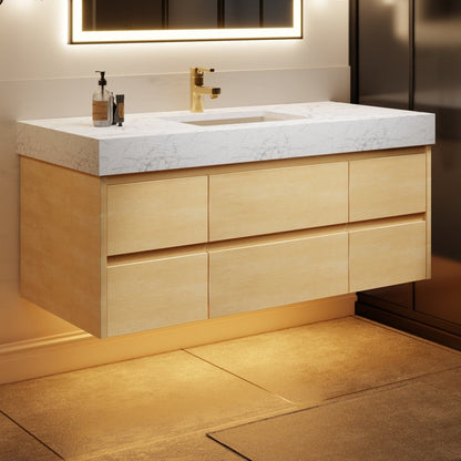 Sleek 48" Modern Floating Maple wood Bathroom Vanity Cabinet with with Lights and Stone Slab Countertop