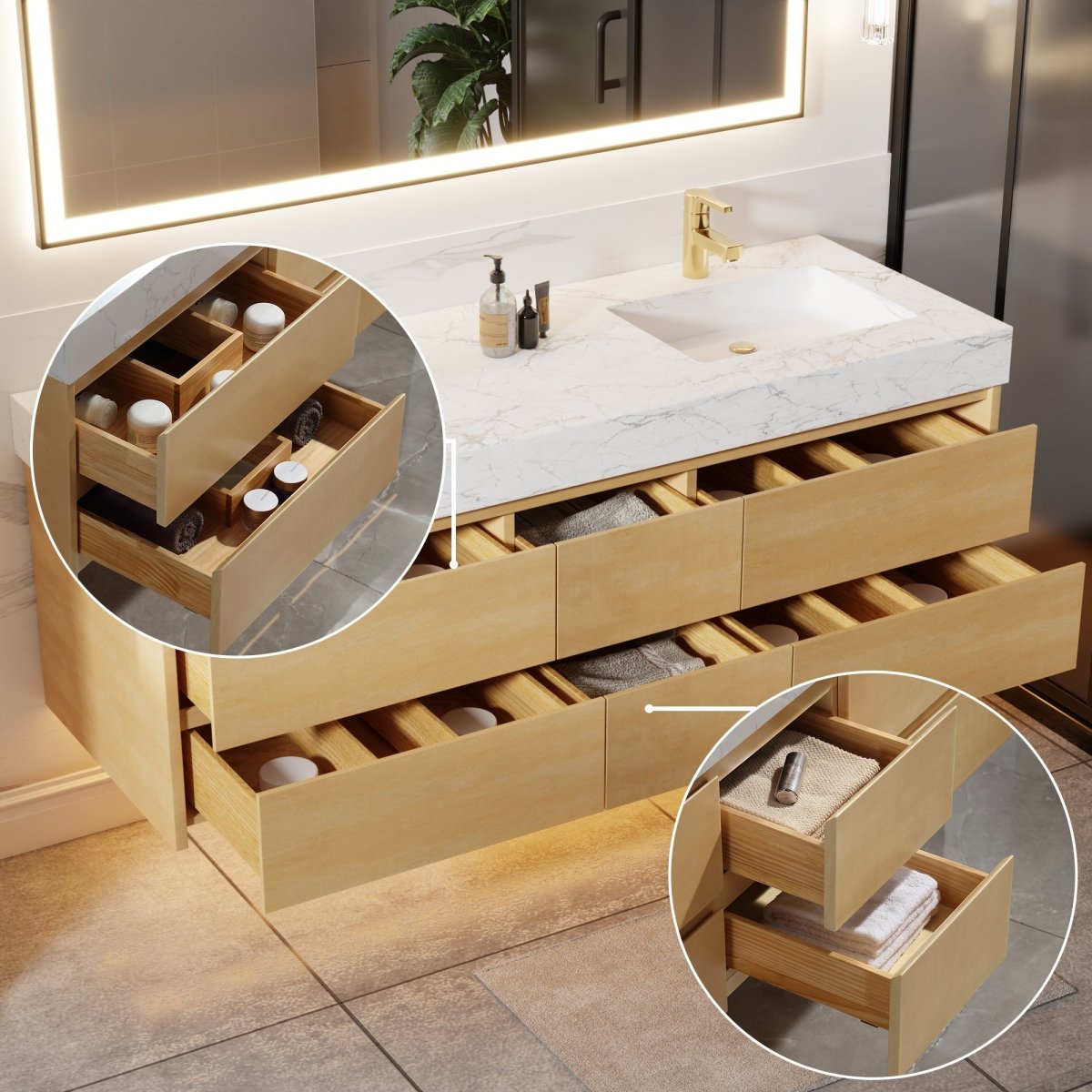 Sleek 60" Modern Floating Maple wood Bathroom Vanity Cabinet with with Lights and Stone Slab Countertop