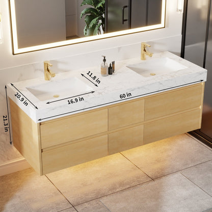 Sleek 60" Modern Floating Maple wood Bathroom Vanity Cabinet with with Lights and Stone Slab Countertop
