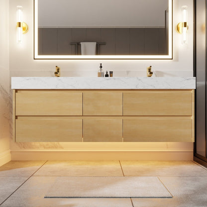 Sleek 60" Modern Floating Maple wood Bathroom Vanity Cabinet with with Lights and Stone Slab Countertop