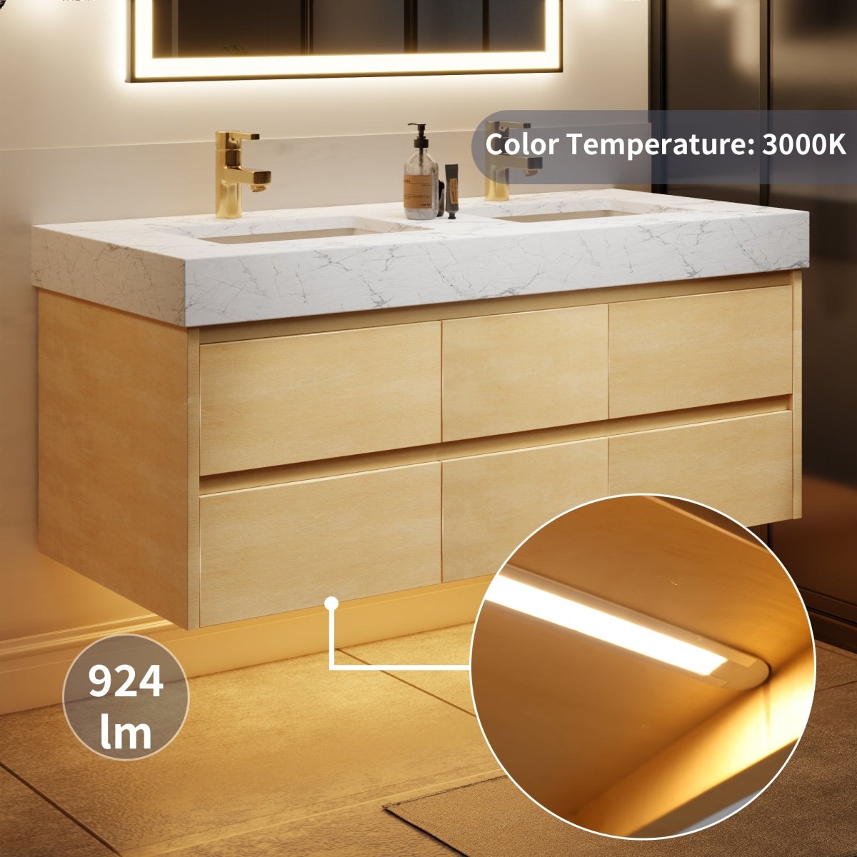 Sleek 60" Modern Floating Maple wood Bathroom Vanity Cabinet with with Lights and Stone Slab Countertop