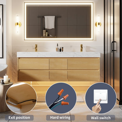 Sleek 60" Modern Floating Maple wood Bathroom Vanity Cabinet with with Lights and Stone Slab Countertop