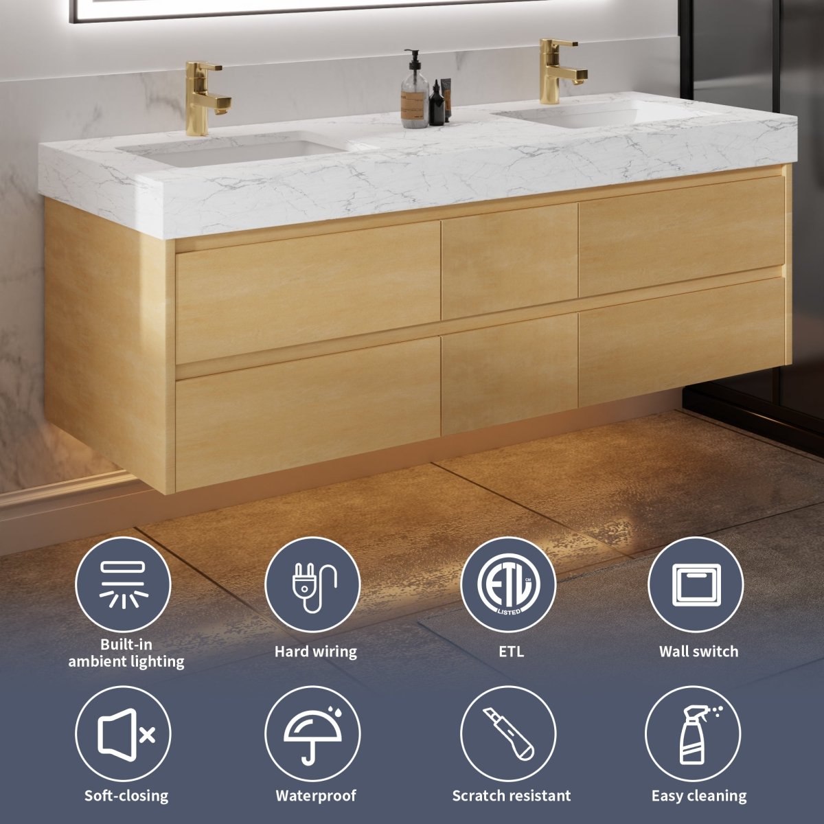 Sleek 60" Modern Floating Maple wood Bathroom Vanity Cabinet with with Lights and Stone Slab Countertop