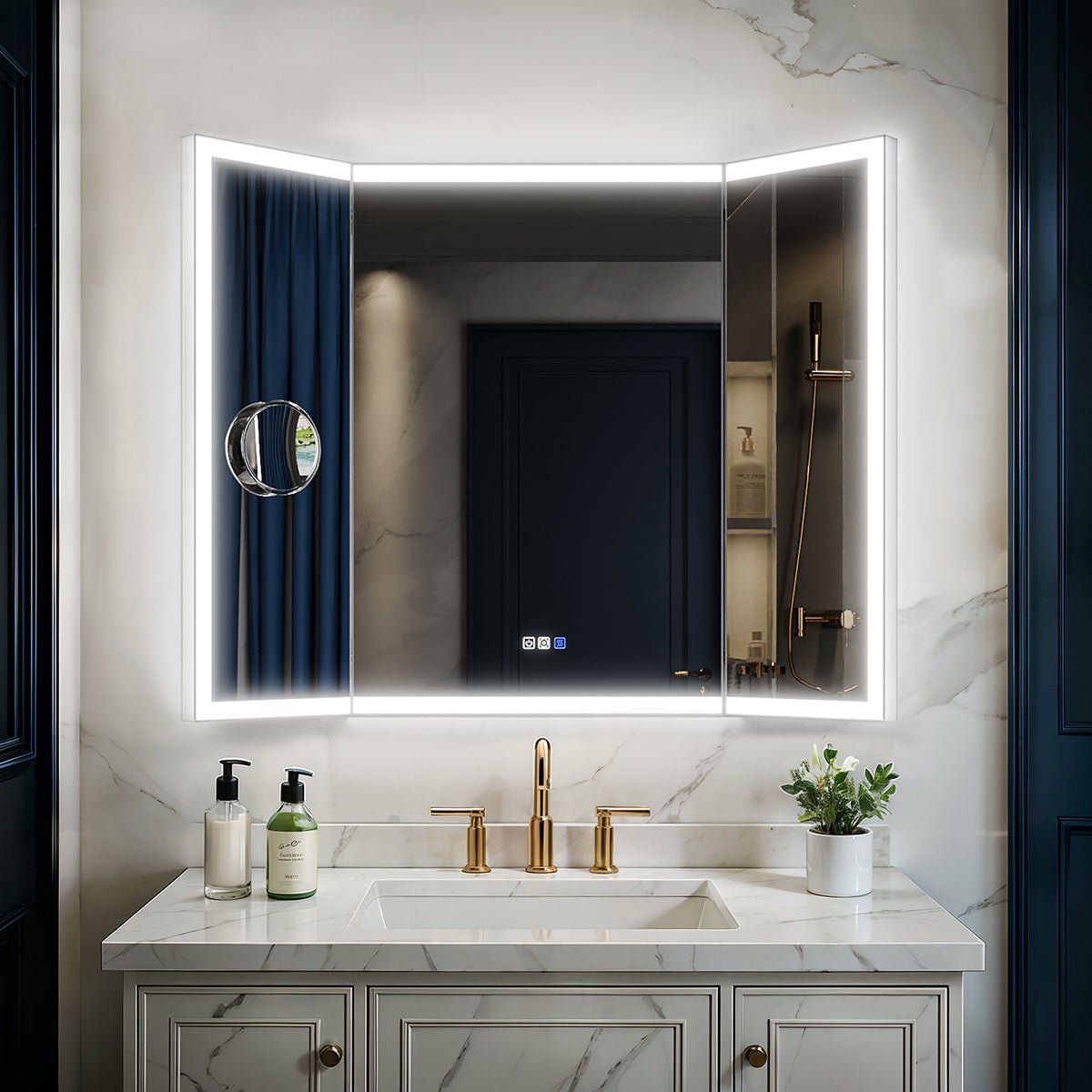 TriFold 48" W x 36" H LED Lighted Three Ways Bathroom Mirror, Front & Back Lighting, with Movable 10X Magnifying Mirror