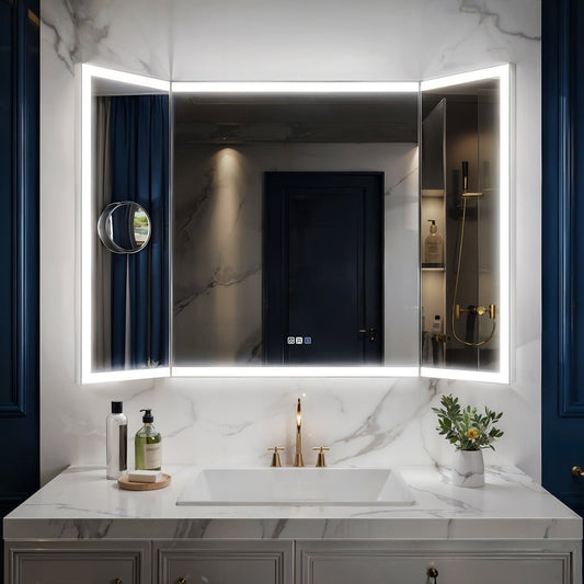 TriFold 54" W x 36" H LED Lighted Three Ways Bathroom Mirror, Front & Back Lighting, with Movable 10X Magnifying Mirror