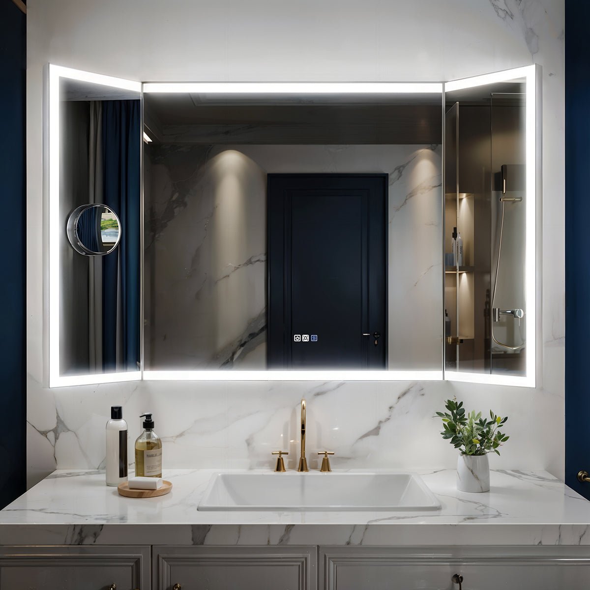 TriFold 60" W x 36" H LED Lighted Three Ways Bathroom Mirror, Front & Back Lighting, with Movable 10X Magnifying Mirror