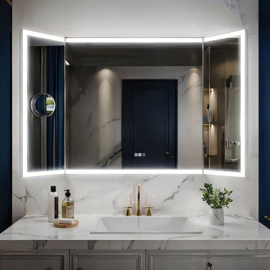 TriFold 60" W x 36" H LED Lighted Three Ways Bathroom Mirror, Front & Back Lighting, with Movable 10X Magnifying Mirror