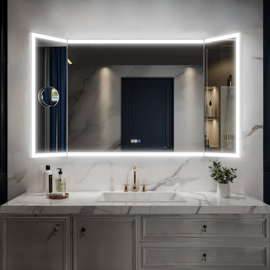 TriFold 66" W x 36" H LED Lighted Three Ways Bathroom Mirror, Front & Back Lighting, with Movable 10X Magnifying Mirror