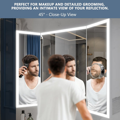 TriFold 66" W x 36" H LED Lighted Tri - Fold Bathroom Mirror, Front & Back Lighting, with Movable 10X Magnifying Mirror