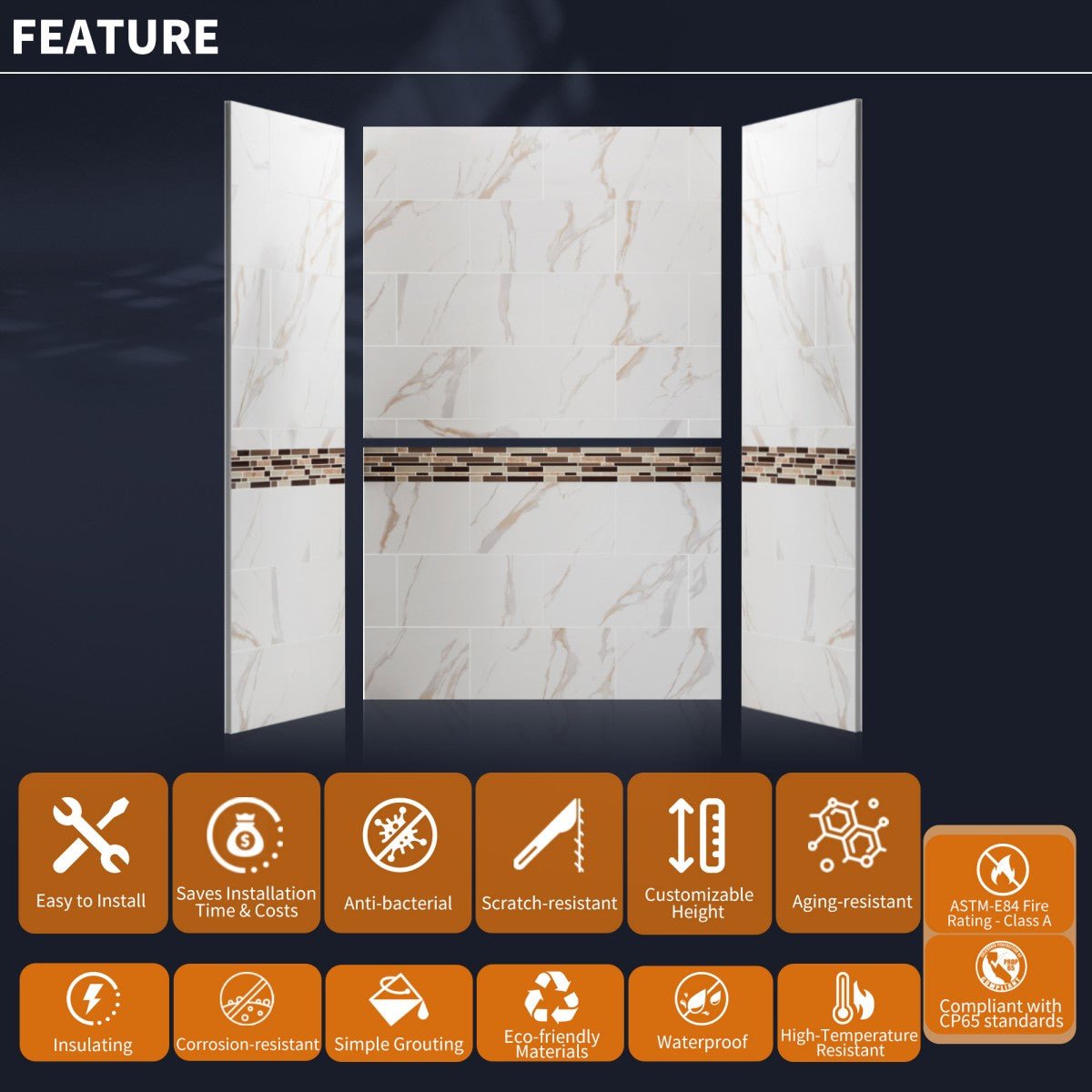 Verona Bathroom Tiles 32"x60"x96"Alcove Stone Shower Wall Kit for Bathroom Remodel,Height adjustable,Fast Installation,Waterproof,Champagne Gold