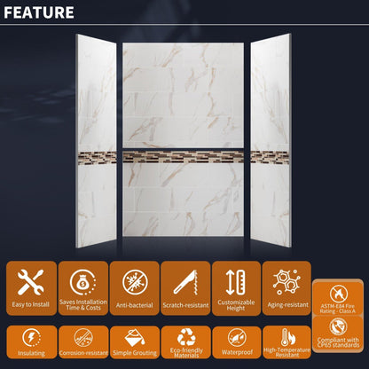 Verona Bathroom Tiles 32"x60"x96"Alcove Stone Shower Wall Kit for Bathroom Remodel,Height adjustable,Fast Installation,Waterproof,Champagne Gold