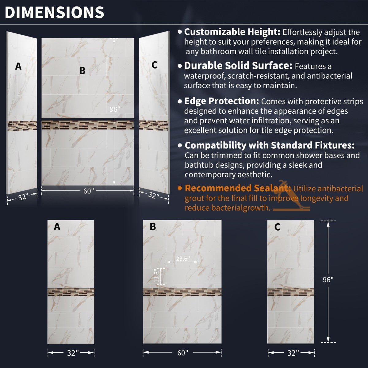 Verona Bathroom Tiles 32"x60"x96"Alcove Stone Shower Wall Kit for Bathroom Remodel,Height adjustable,Fast Installation,Waterproof,Champagne Gold