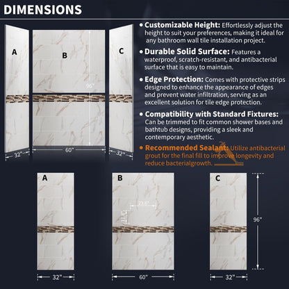 Verona Bathroom Tiles 32"x60"x96"Alcove Stone Shower Wall Kit for Bathroom Remodel,Height adjustable,Fast Installation,Waterproof,Champagne Gold