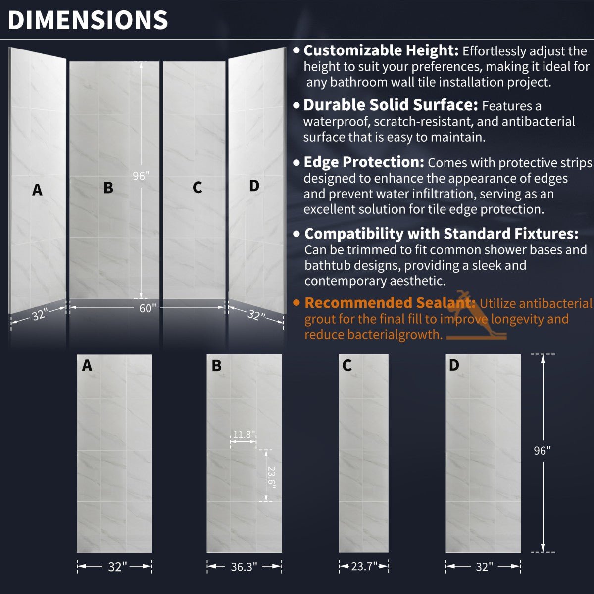 Verona Bathroom Tiles 32"x60"x96"Alcove Stone Shower Wall Kit for Bathroom Remodel,Height adjustable,Fast Installation,Waterproof,Silver White