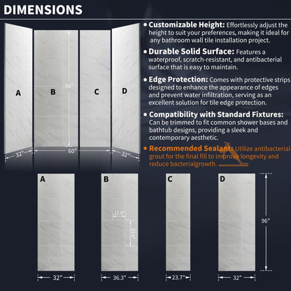 Verona Bathroom Tiles 32"x60"x96"Alcove Stone Shower Wall Kit for Bathroom Remodel,Height adjustable,Fast Installation,Waterproof,Silver White