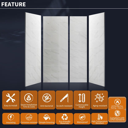 Verona Bathroom Tiles 32"x60"x96"Alcove Stone Shower Wall Kit for Bathroom Remodel,Height adjustable,Fast Installation,Waterproof,Silver White